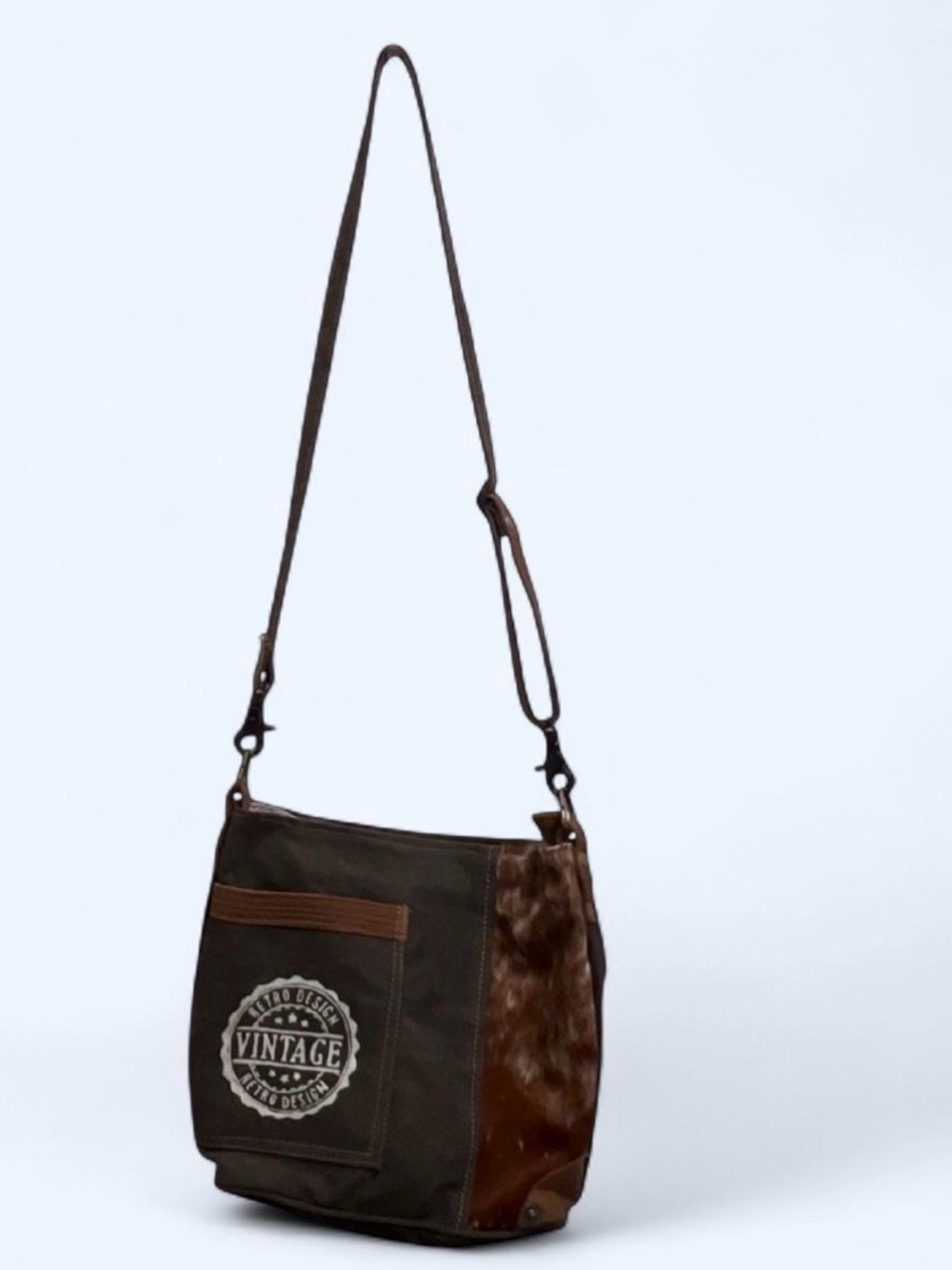 Myra Bag Brown Canvas Shoulder Bag with Leather Accents